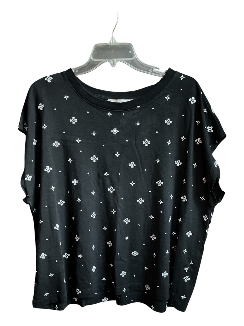 LOFT Black Geo Wedge Tee Geometric Short Dolman Sleeve Blouse Top Size XL